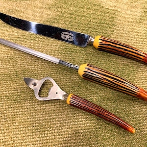 Mid Century Crown Crest Flatware Stainless Steel Sheffield England Carving Knife, Sharpener and Bottle Opener Set Faux Stag Horn Handle