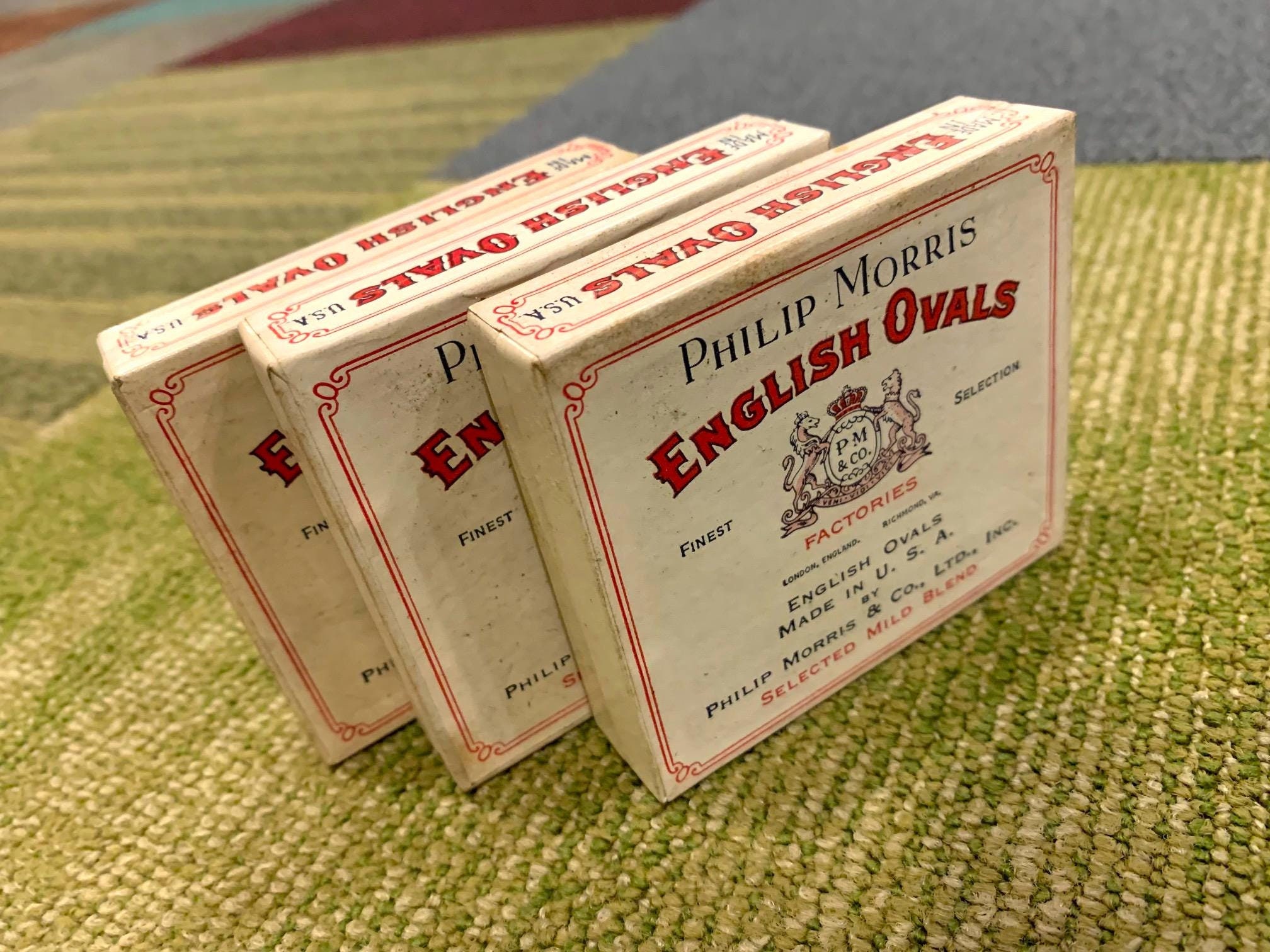 Vintage Philip Morris English Ovals Cigarette Boxes Packs X 3 Mid Century  Tobacciana Advertising