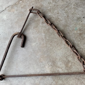 Antique Wrought Iron Fireplace Kettle Trammel Hook Hand Forged Chain Links Farmhouse Rustic Primitive Decor
