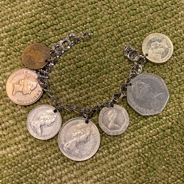 Vintage British Coins Charms Bracelet Silver Chain Link