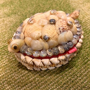 Mid Century Sea Shell Art Turtle Trinket Jewelry Box Made in Philippines MCM Vanity Decor