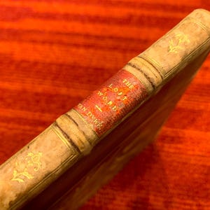 May include: Close-up of an antique book spine with the title "The Lost Word" by Van Dyke. The spine is red with gold lettering, and the cover is aged with gold accents and decorative elements.