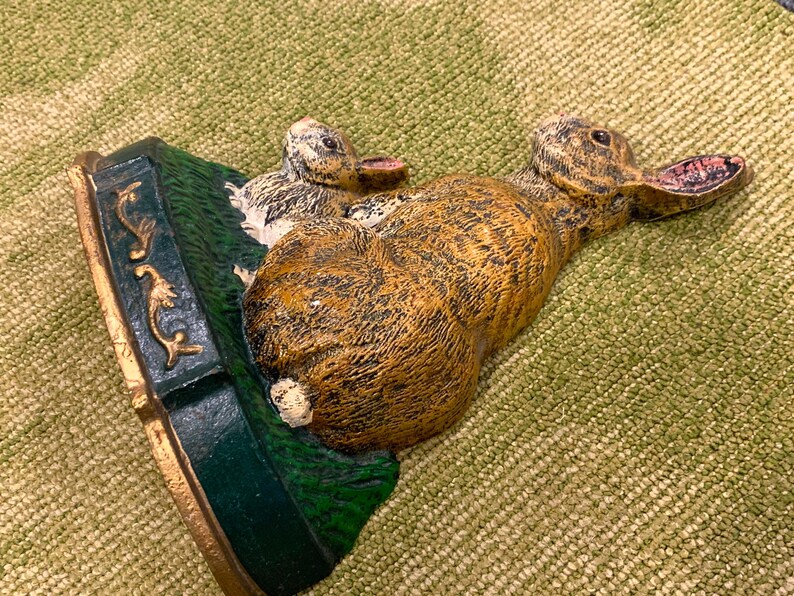 Vintage Cast Iron Bunny Rabbit Door Stop Baby Bunny and Mother Bunny