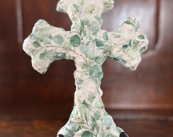 Green & White Plaster Floral Wall Cross