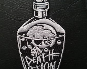 Gothic Death Potion Bottle Embroidered Iron on Applique Motif Patch