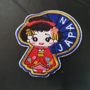 Cute Japanese Geisha Girl + Parasol Embroidered Iron on Applique Motif Patch