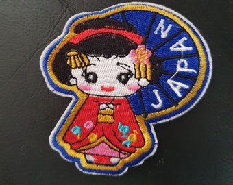 Cute Japanese Geisha Girl + Parasol Embroidered Iron on Applique Motif Patch
