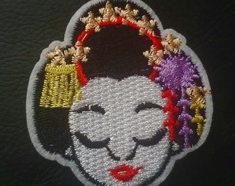Japanese Geisha Girl Face Embroidered Iron on Applique Motif Patch
