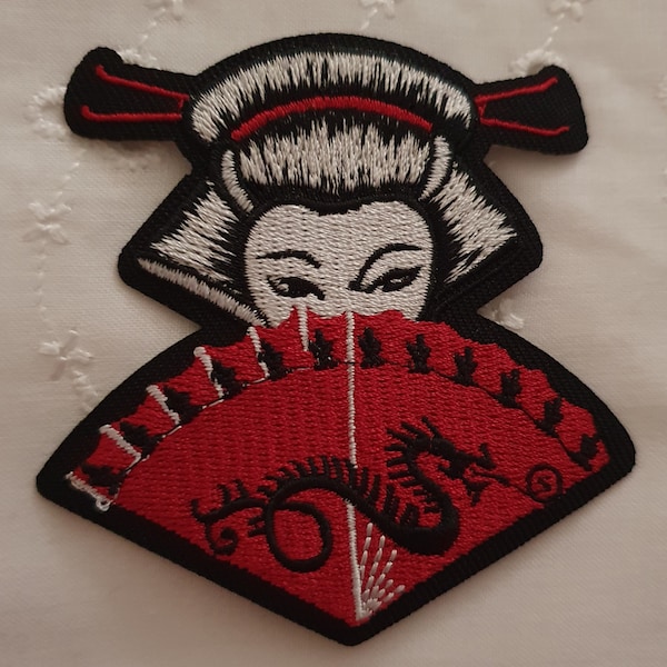 Japanese Geisha Girl with Fan Iron on Applique Motif Patch