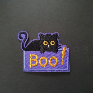 Halloween Boo Cat Embroidered Iron on Applique Motif Patch