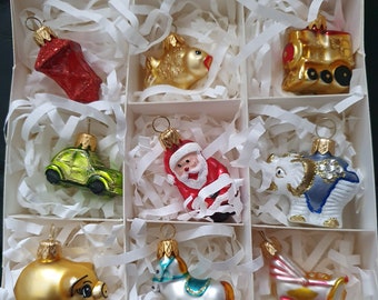 Gift Set of 9 mini Blown Glass Christmas Tree Ornament Decorations or Baubles - made in Poland