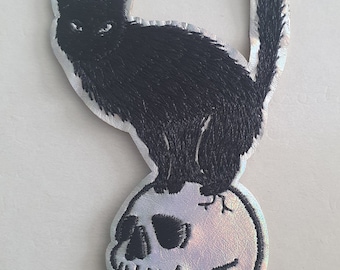 Parche con motivo de aplique bordado gótico con gato negro y calavera de bruja