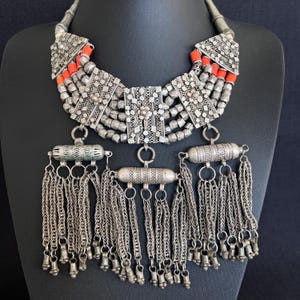Antique Yemen Bedouin Silver Coral Hirz Amulet Necklace Et5047