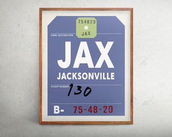 Jacksonville print, Airport code Jacksonville Florida print, JAX vintage style luggage tag art, JAX art print, baggage tag travel poster.