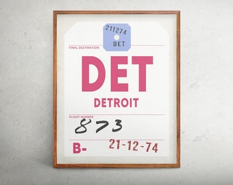 Detroit print, Airport code Detroit print, Detroit airport vintage style luggage tag art, DET art print, baggage tag travel poster artwork.