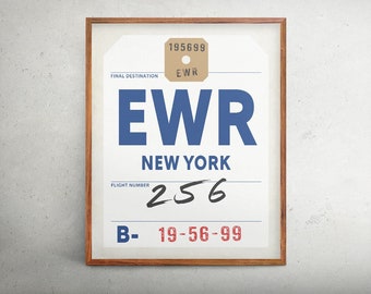 Newark print, Airport code Newark print, New York Newark vintage style luggage tag art, EWR art print, baggage tag travel poster artwork.