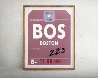 Boston print, Airport code Boston print, Boston Logan vintage style luggage tag art, BOS art print, baggage tag travel poster artwork.