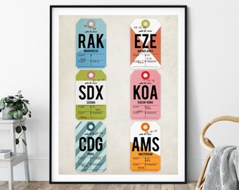 Airport code art print, 6 custom tags on one print (can be printed in various sizes) vintage luggage tag art, travel artwork, travel poster.