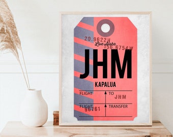 Kapalua Hawaii print, JHM airport code art, vintage style luggage tag print, baggage tag, air travel art, travel poster, gift for travelers.