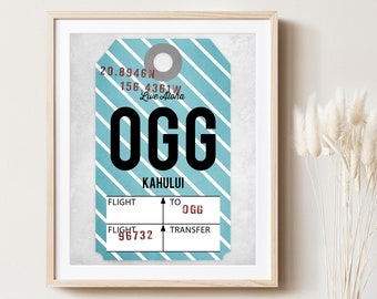 Maui Hawaii print, OGG airport code art, vintage style luggage tag print, baggage tag, air travel art, travel poster, gifts for travelers.