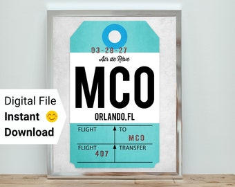 Orlando-affisch, utskrivbar Orlando-konsttryck, digital MCO-flygplatskodkonst, vintage bagageetiketttryck, flygkonst, presenter till resenärer.