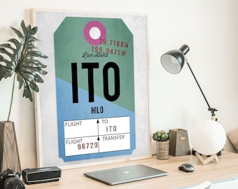 Hilo Hawaii print, ITO airport code art, vintage style luggage tag print, baggage tag, air travel art, travel poster, gifts for travelers.