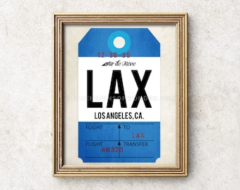 Airport code art print, LAX vintage style luggage tag art, Los Angeles art print, baggage tag, travel gifts, travel artwork, travel poster.