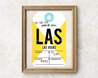 Airport code art print, LAS vintage style luggage tag art, Las Vegas art print, baggage tag, travel gifts, travel artwork, travel poster.
