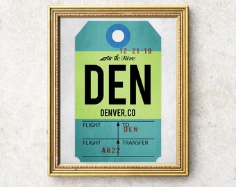 Airport code art print, vintage style luggage tag print, Denver DEN baggage tag, air travel art, Colorado art print, Colorado poster.
