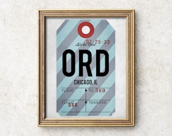 Chicago ORD-affisch, utskrivbar Chicago-konst, digital ORD-flygplatskodkonst, vintage bagageetiketttryck, flygkonst, presenter till resenärer.
