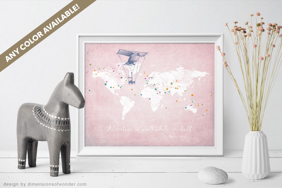 Pink Nursery Wall Art, World Map Art, World Map Print, Nursery Map Art