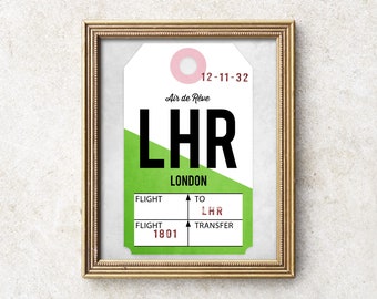 London LHR-affisch, utskrivbar London-konsttryck, digital LHR-flygplatskodkonst, vintage bagageetiketttryck, flygkonst, presenter till resenärer.