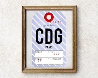 Paris CDG-affisch, utskrivbar Paris-konsttryck, digital CDG-flygplatskodkonst, vintage bagageetiketttryck, flygkonst, presenter till resenärer.