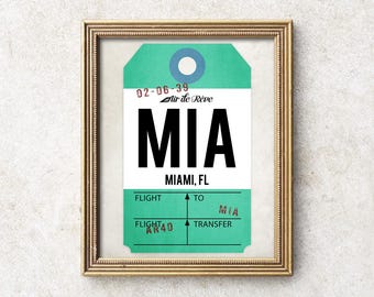 Florida art, digital Miami airport print, printable MIA airport code art, vintage luggage tag print, air travel art, gift for travelers.