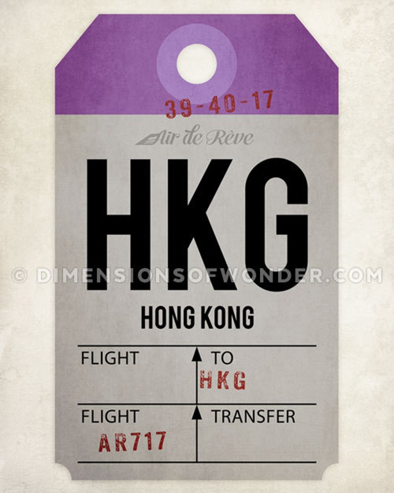 Hong Kong Print Airport Code Art Print HKG Vintage Style Etsy