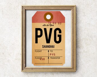 Shanghai PVG-affisch, utskrivbar Shanghai-konst, digital PVG-konst med flygplatskod, tryck av vintage bagageetiketter, konst för flygresor, presenter till resenärer.