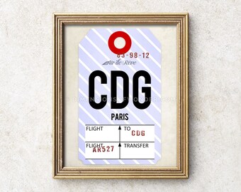 Airport code art print, vintage style luggage tag print, Paris art, baggage tag poster, air travel art, travel poster, gifts for travelers.