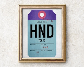 Tokyo HND-affisch, utskrivbar Tokyo-konsttryck, digital HND-flygplatskodkonst, vintage bagageetiketttryck, flygkonst, presenter till resenärer.