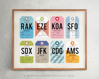 Airport code art print, 8 custom tag designs on 1 print (many sizes or digital file) vintage luggage tag art, travel artwork, travel poster