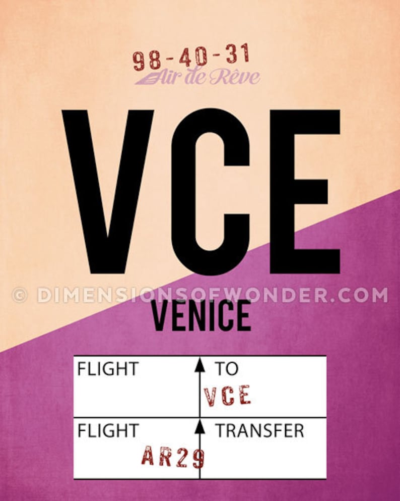 Venice Print Airport Code Italy Print VCE Vintage Style Etsy