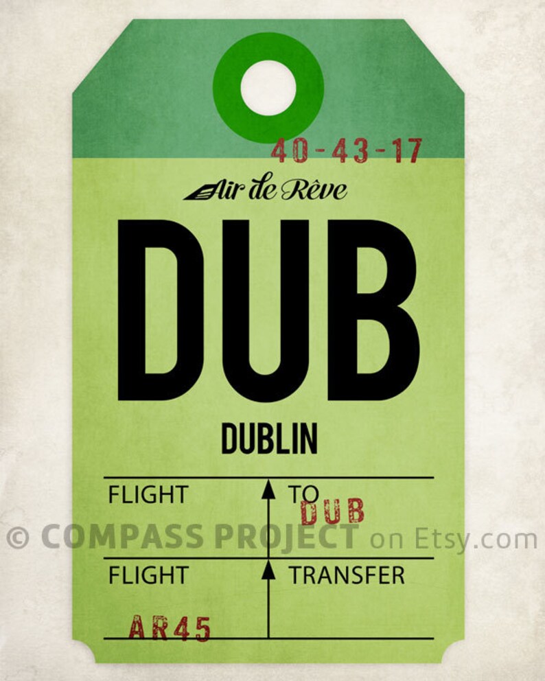 Airport Code Art Print, Vintage Style Luggage Tag Print, Dublin DUB
