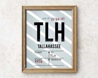 Florida print, Airport code Florida print, TLH vintage style luggage tag art, Tallahassee art print, baggage tag travel poster artwork.