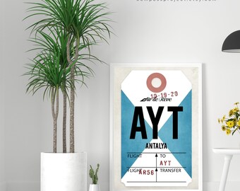 Antalya art print, AYT airport code art, vintage style luggage tag print, baggage tag, air travel art, travel poster, gifts for travelers.