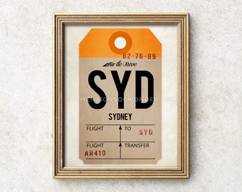 Airport code art print, vintage style luggage tag print, Sydney Australia print, baggage tag, travel gifts, travel artwork, travel poster.