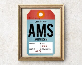 Airport code art print, Amsterdam print, Amsterdam art, Amsterdam poster, Air travel art, Travel poster, Map art, Gifts for travelers.