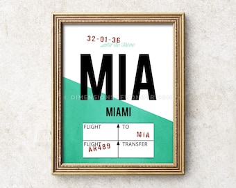 Airport code art print, MIA vintage style luggage tag art, Miami art print, baggage tag, travel gifts, travel artwork, travel poster.