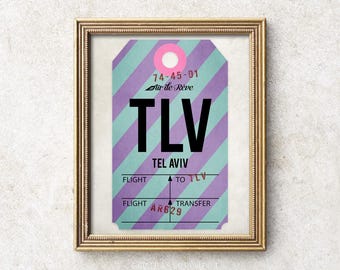 Israel TLV poster, digital Tel Aviv print, printable TLV airport code art, vintage luggage tag print, air travel art, gift for travelers.