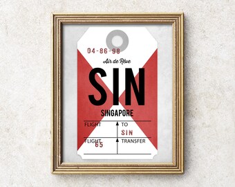 Singapore-affisch, utskrivbar Singapore-konst, digitalt tryck med SIN-flygplatskod, vintage bagageetiketttryck, konst för flygresor, presenter till resenärer.