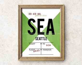 Seattle print, Airport code Seattle print, Seattle Tacoma vintage style luggage tag art, SEA art print, baggage tag travel poster artwork.