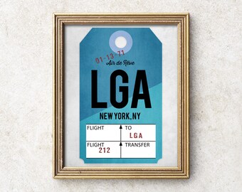 New York LGA-affisch, digitalt New York-tryck, utskrivbar LGA-flygplatskodkonst, vintage bagageetiketttryck, flygkonst, present till resenärer.